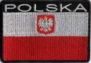Flaga Polski z godłem RP napisem POLSKA naszywka haftowana 82x58 mm na rzep