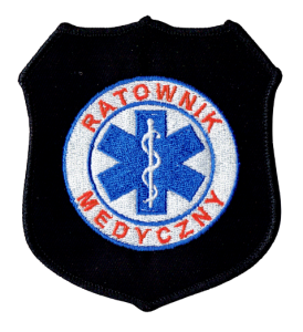 Ratownik Medyczny tarcza naramienna czarna znak RM biały naszywka haft rzep