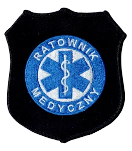 Ratownik Medyczny tarcza czarna znak RM niebieski naszywka haft rzep