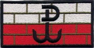 Polska Walcząca znak PW na tle muru i polskiej flagi naszywka 50x100mm rzep